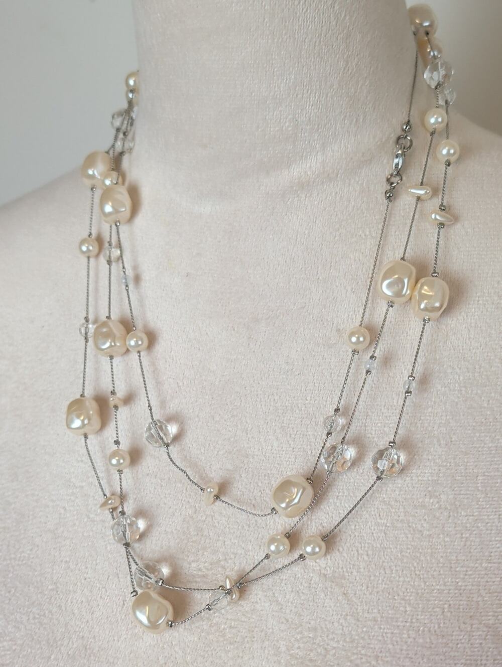 Vintage Opera Length Faux Pearl & Glass Crystal Necklace Romantic Coquette